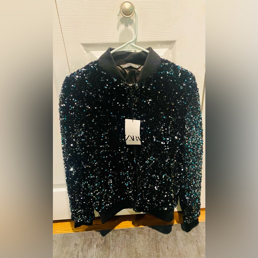 ZARA Black Sequin Bomber Sweater